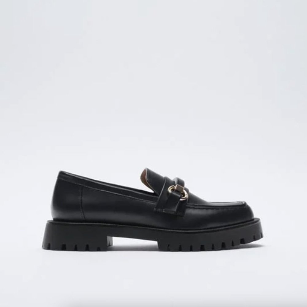 ZARA Lug Sole Loafers (Color: Black with Gold Detailing)